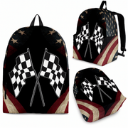 A custom backpack split diagonally with a vibrant American stars and stripes flag on one side and a classic black and white checkered racing flag on the other, featuring black padded straps and a front zip pouch on a white background.