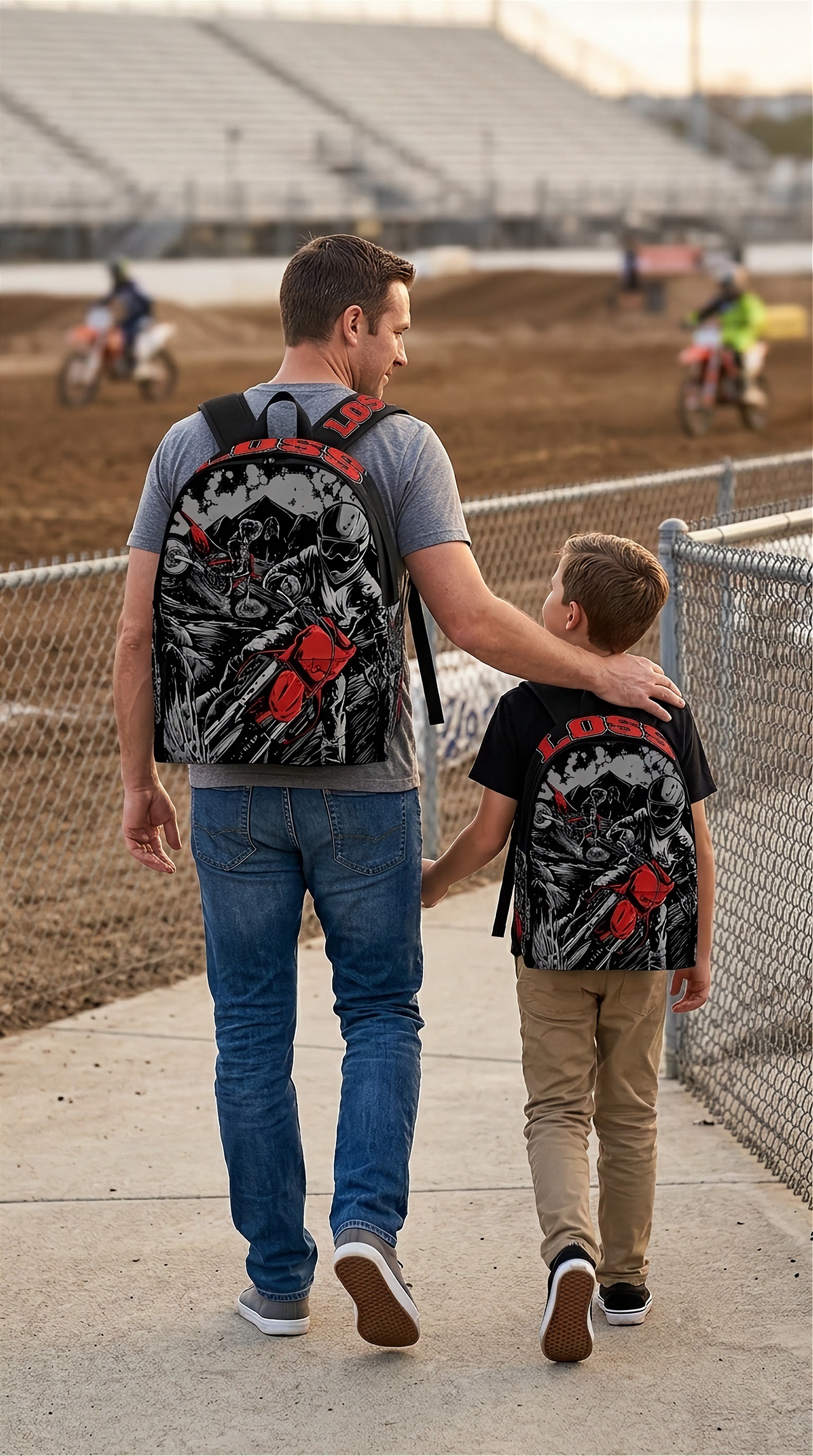 A vibrant custom red motocross backpack showcasing a dynamic dirt bike graphic, featuring sturdy black hardware, a large front utility pocket, and heavily padded straps, isolated against a plain white background.