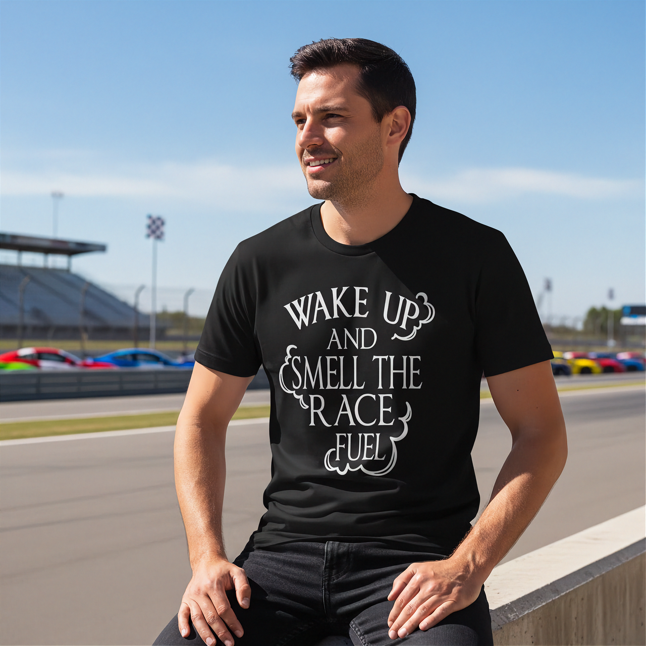 Premium motorsports apparel featuring the quote Wake Up And Smell The Race Fuel for drag racing fans, dirt track enthusiasts, and hot rod culture.