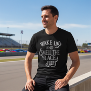 Premium motorsports apparel featuring the quote Wake Up And Smell The Race Fuel for drag racing fans, dirt track enthusiasts, and hot rod culture.