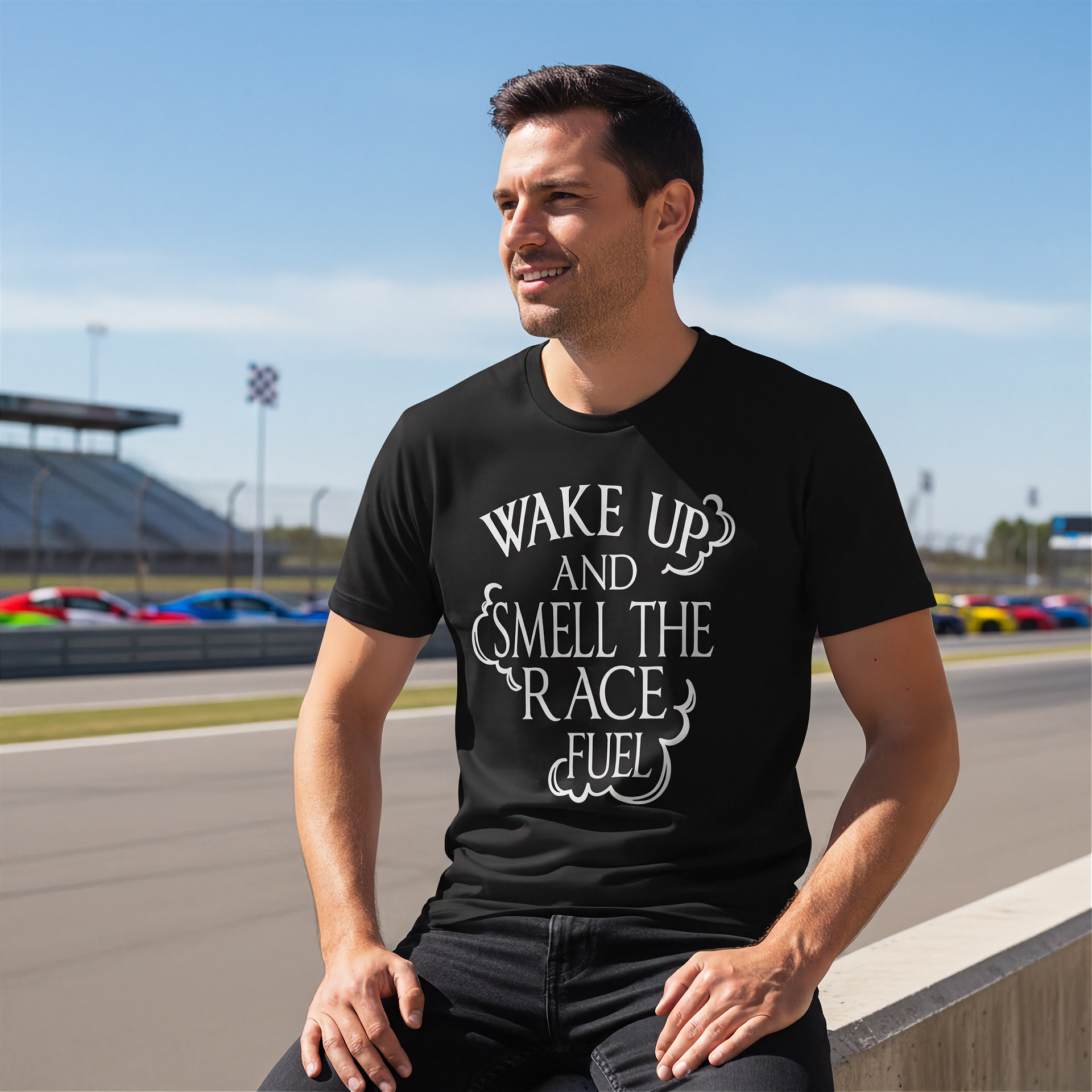 Premium motorsports apparel featuring the quote Wake Up And Smell The Race Fuel for drag racing fans, dirt track enthusiasts, and hot rod culture.