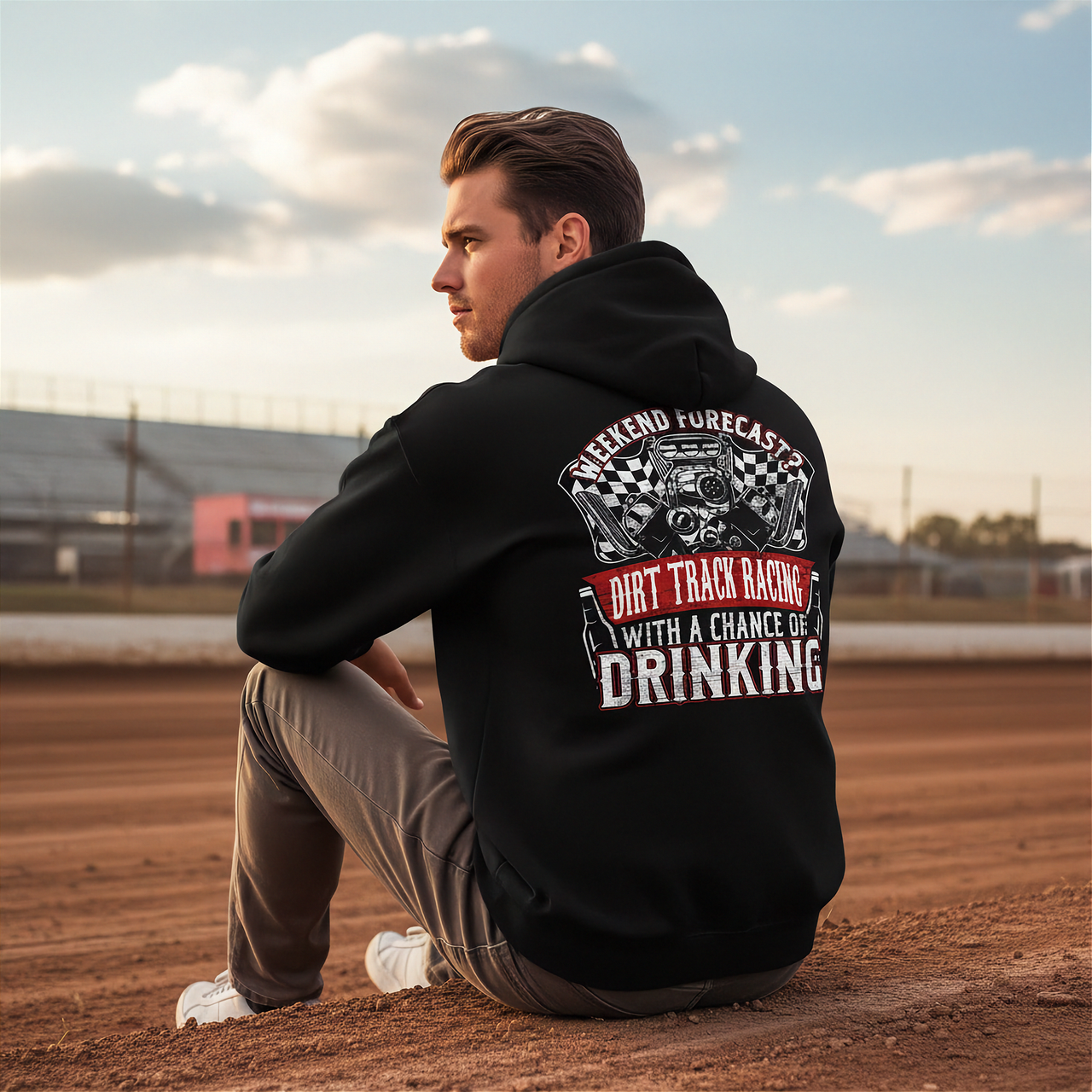 Funny dirt track racing shirt featuring the quote Weekend Forecast Dirt Track Racing With A Chance Of Drinking for race fans, tailgating, and sprint car enthusiasts.