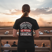 Funny dirt track racing shirt featuring the quote Weekend Forecast Dirt Track Racing With A Chance Of Drinking for race fans, tailgating, and sprint car enthusiasts.