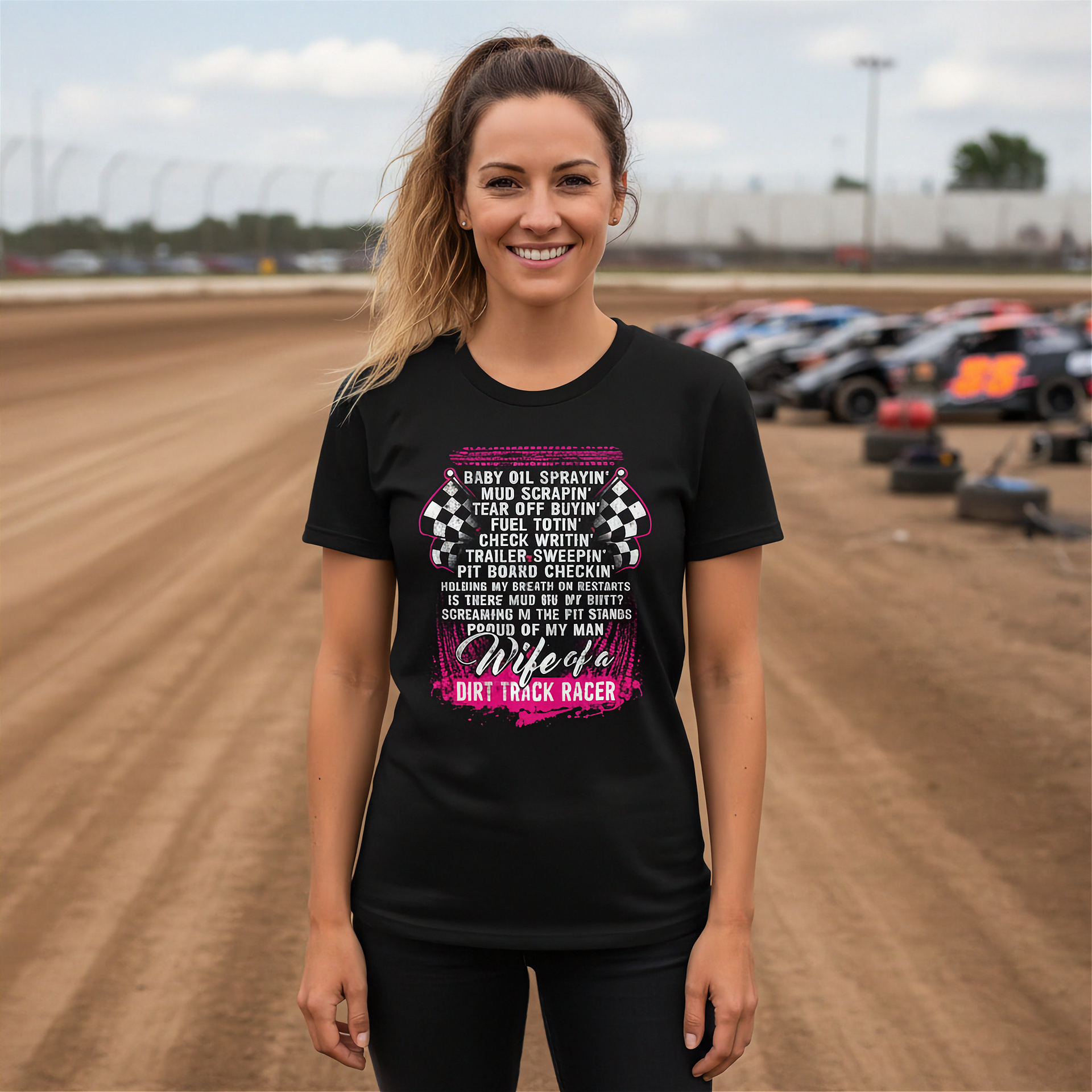 Wife Of A Dirt Track Racer apparel collection featuring classic women's t-shirts, lightweight racerback tanks, and a cozy fleece unisex hoodie for trackside racing fans.