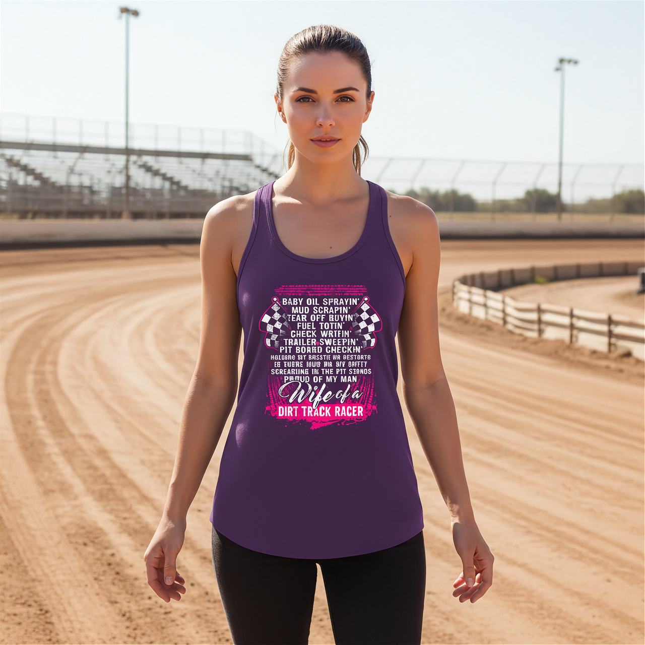 Wife Of A Dirt Track Racer apparel collection featuring classic women's t-shirts, lightweight racerback tanks, and a cozy fleece unisex hoodie for trackside racing fans.