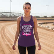 Wife Of A Dirt Track Racer apparel collection featuring classic women's t-shirts, lightweight racerback tanks, and a cozy fleece unisex hoodie for trackside racing fans.