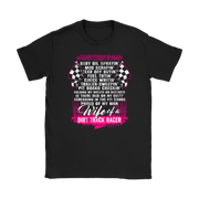 Wife Of A Dirt Track Racer apparel collection featuring classic women's t-shirts, lightweight racerback tanks, and a cozy fleece unisex hoodie for trackside racing fans.