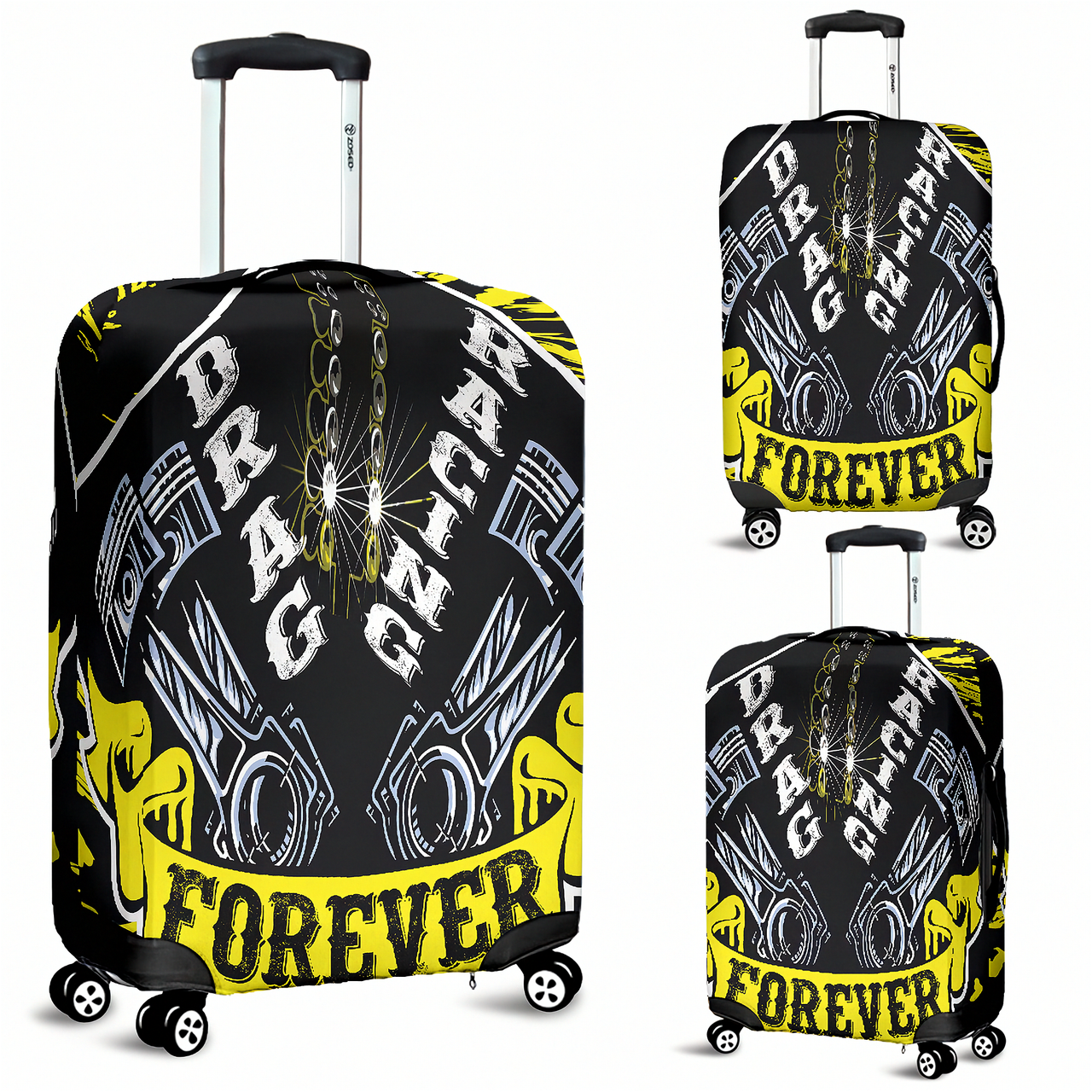 Protect your gear in the fast lane! Shop our premium yellow drag racing luggage cover featuring stretch-fit durability, vibrant graphics, and scratch protection.