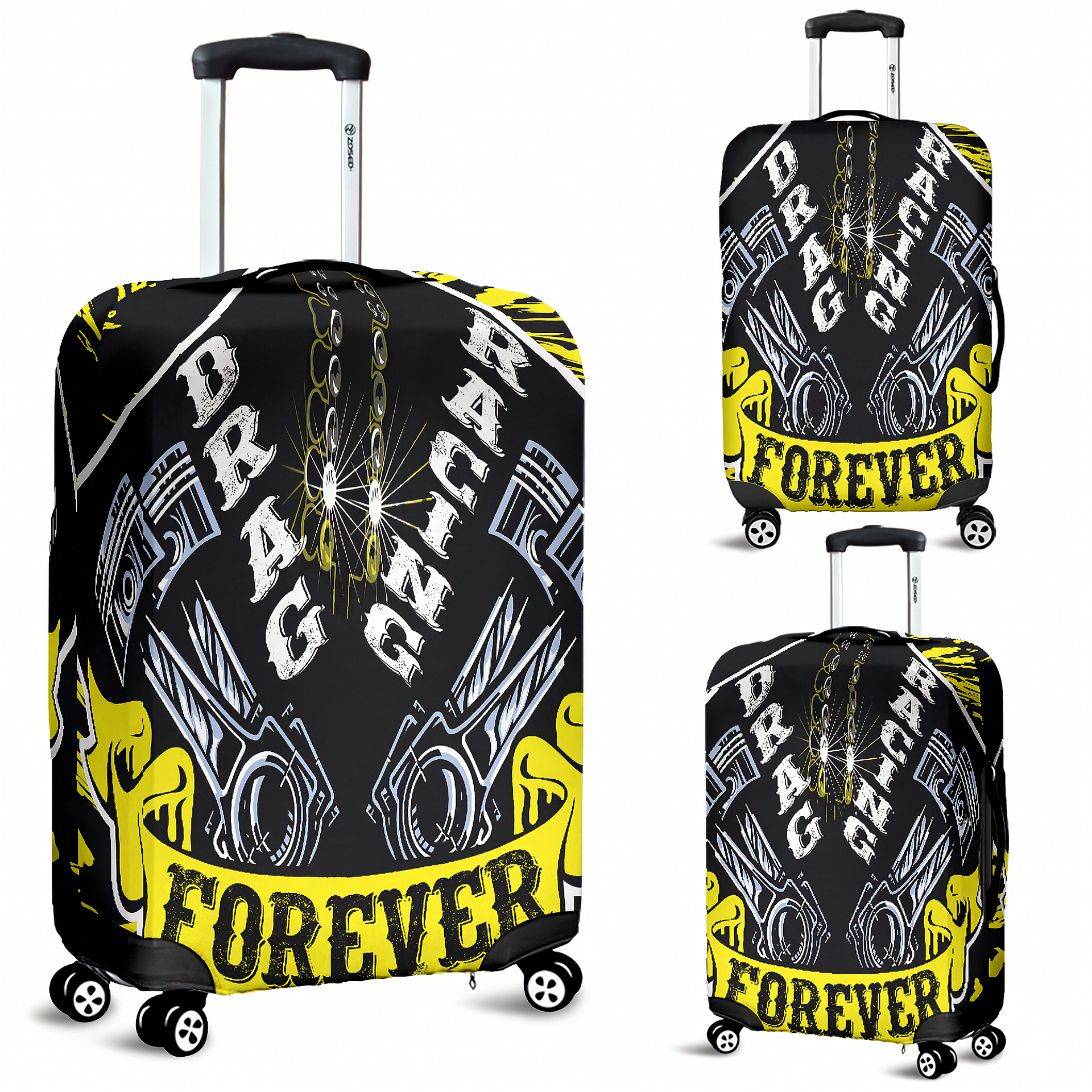Protect your gear in the fast lane! Shop our premium yellow drag racing luggage cover featuring stretch-fit durability, vibrant graphics, and scratch protection.