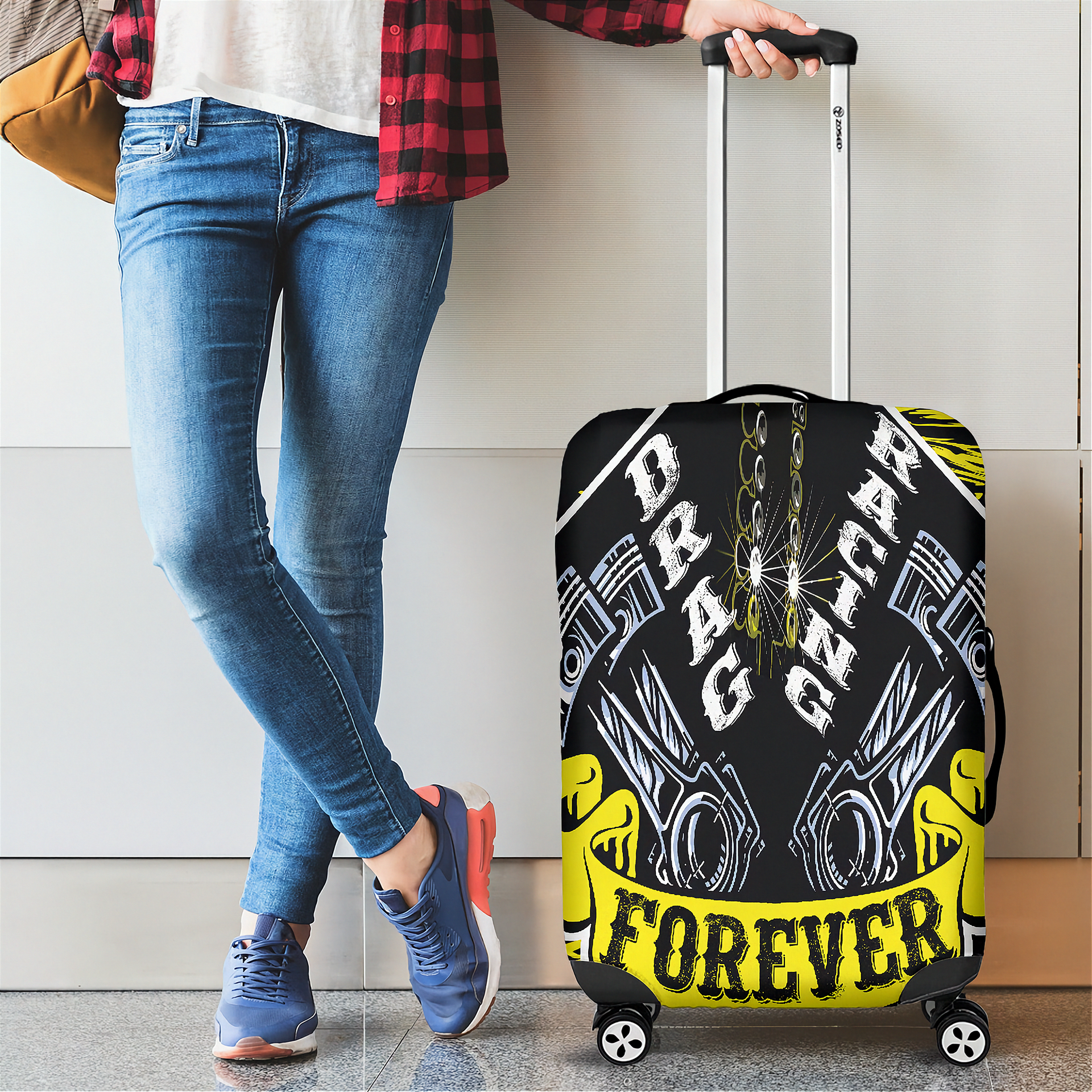Protect your gear in the fast lane! Shop our premium yellow drag racing luggage cover featuring stretch-fit durability, vibrant graphics, and scratch protection.