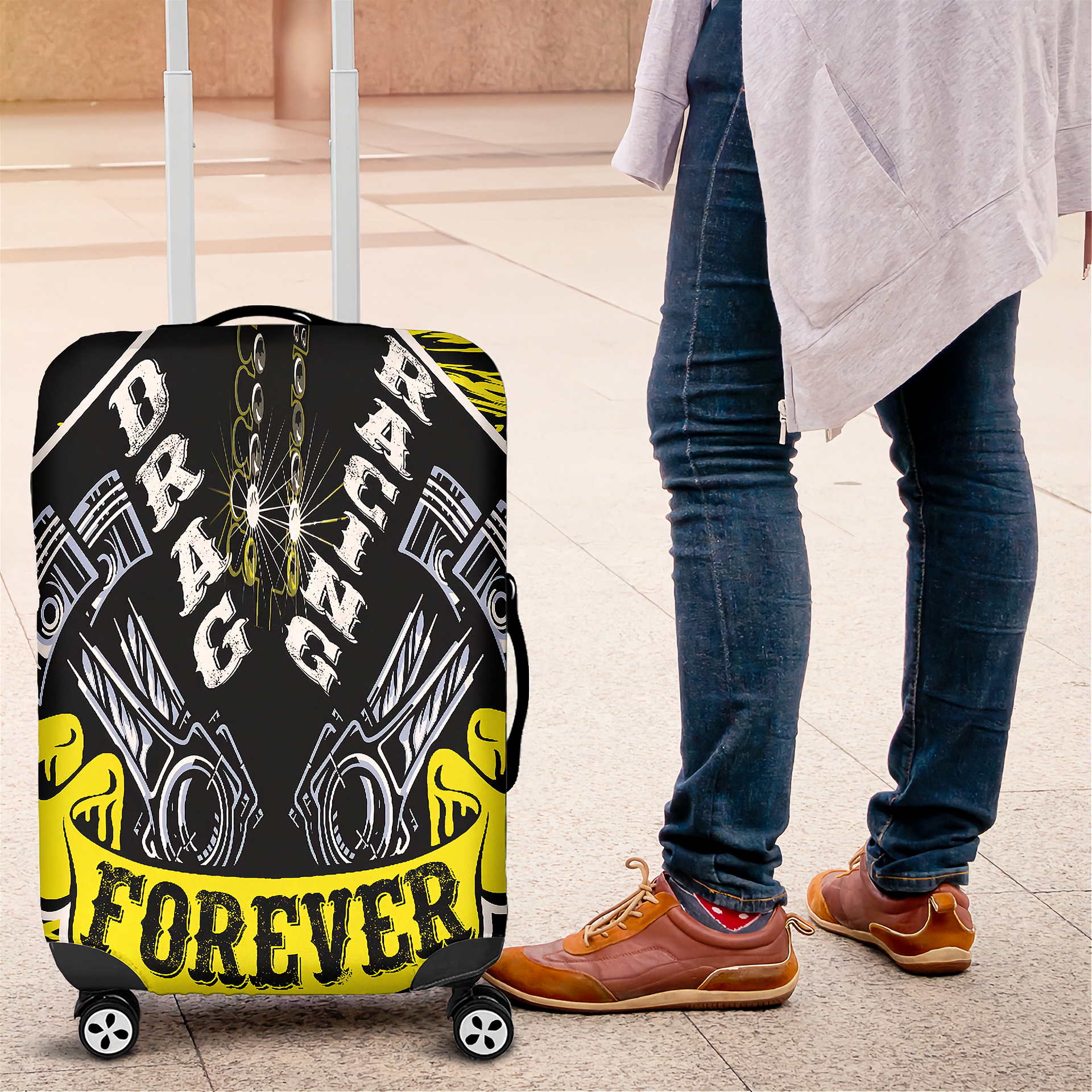 Protect your gear in the fast lane! Shop our premium yellow drag racing luggage cover featuring stretch-fit durability, vibrant graphics, and scratch protection.