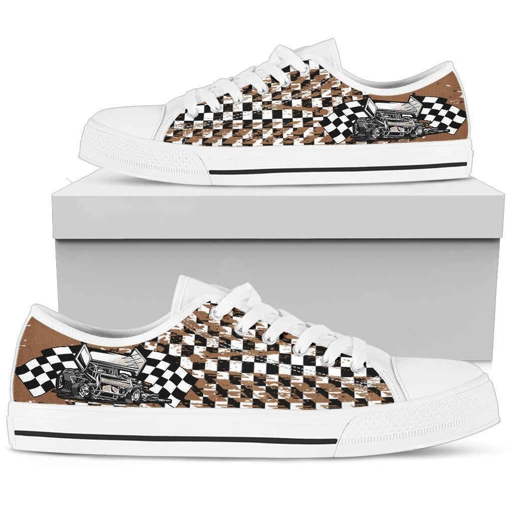 Dirt Racing Checkered Sprint Car Low Tops White
