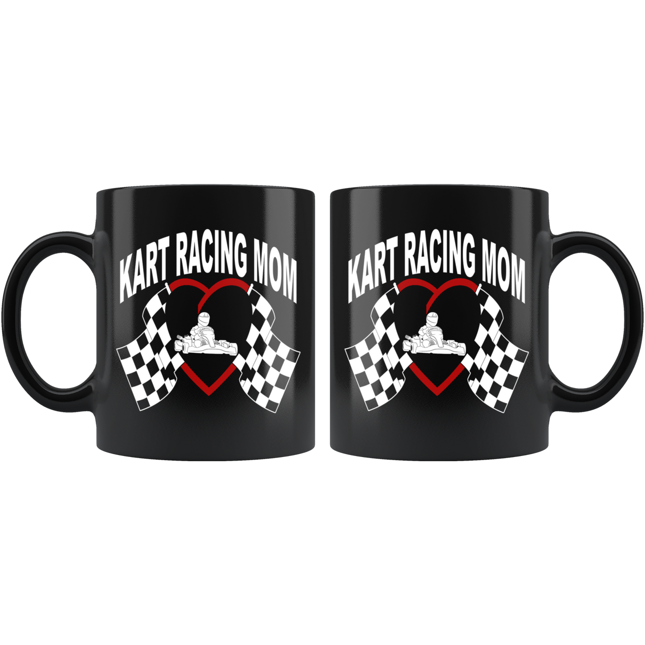11oz premium black ceramic Kart Racing Mom Mug featuring a high-gloss finish and vibrant custom racing graphics.