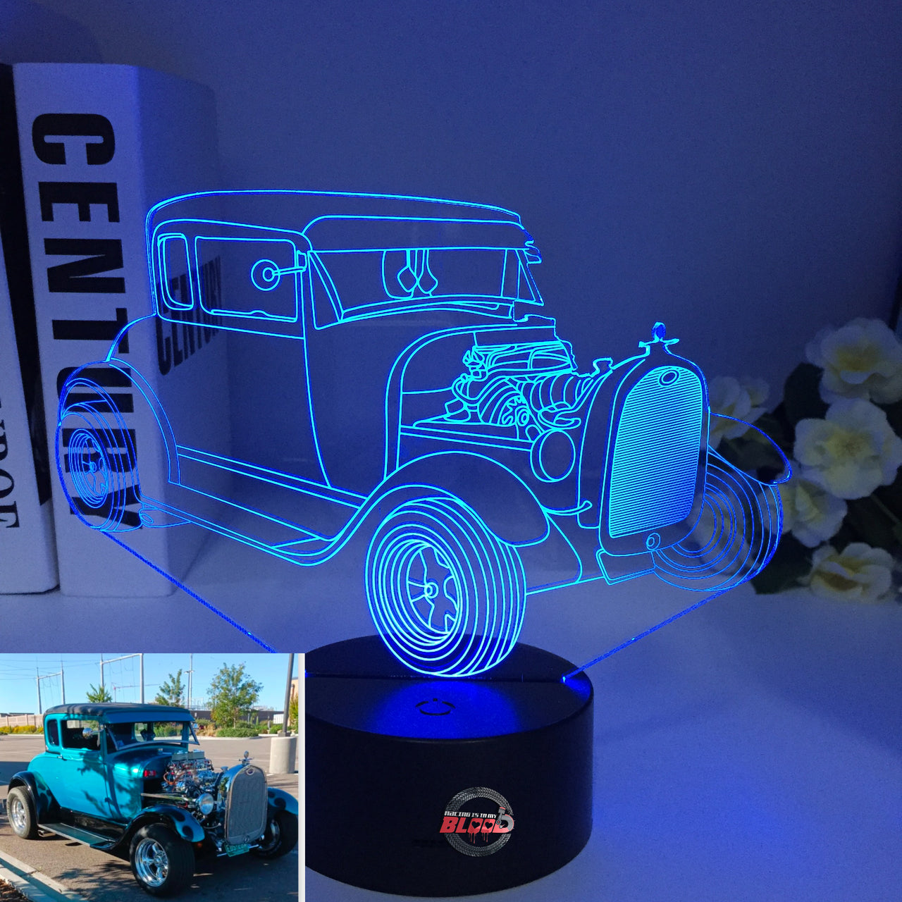 1928 Ford Model A 3D LED Illusion Lamp showing the classic vintage car silhouette in a warm white glow on a high-quality black base.