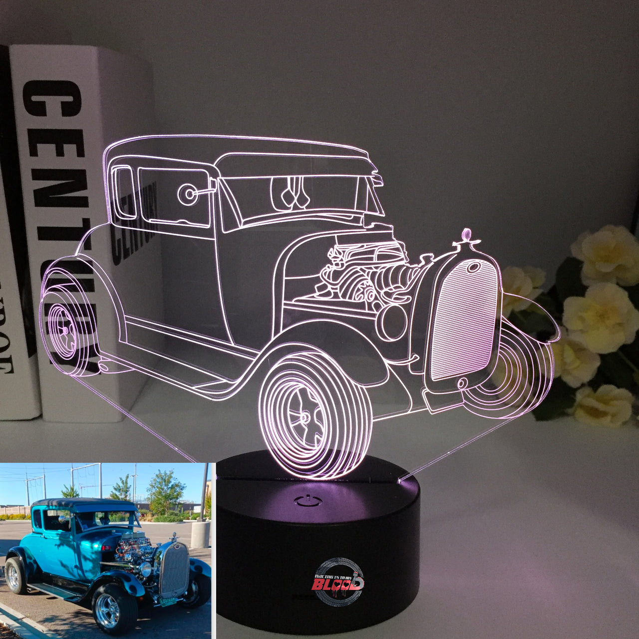 1928 Ford Model A 3D LED Illusion Lamp showing the classic vintage car silhouette in a warm white glow on a high-quality black base.