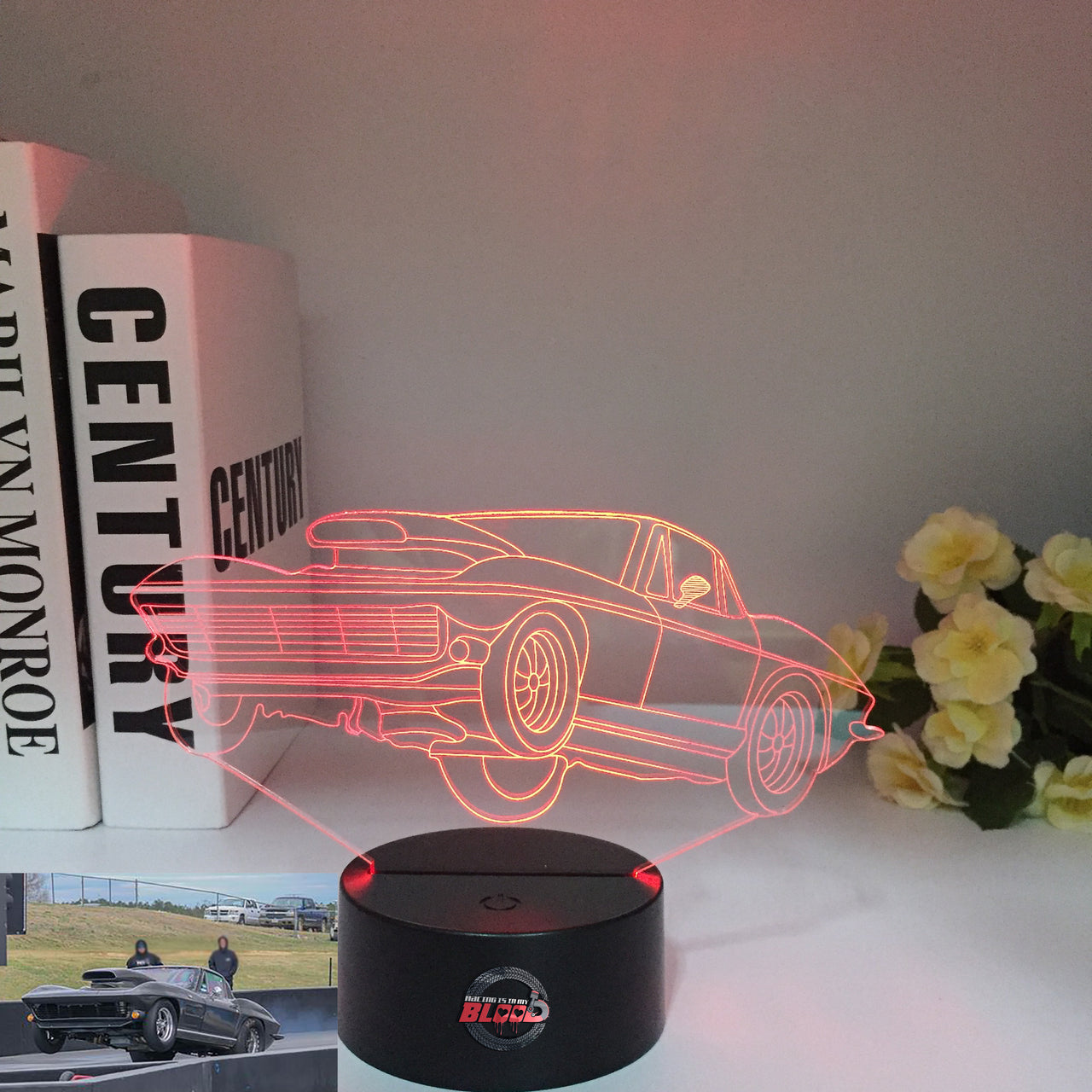 1963 Corvette C2 3D LED Illusion Lamp showing the classic Sting Ray silhouette in a vibrant blue glow on a premium black base.