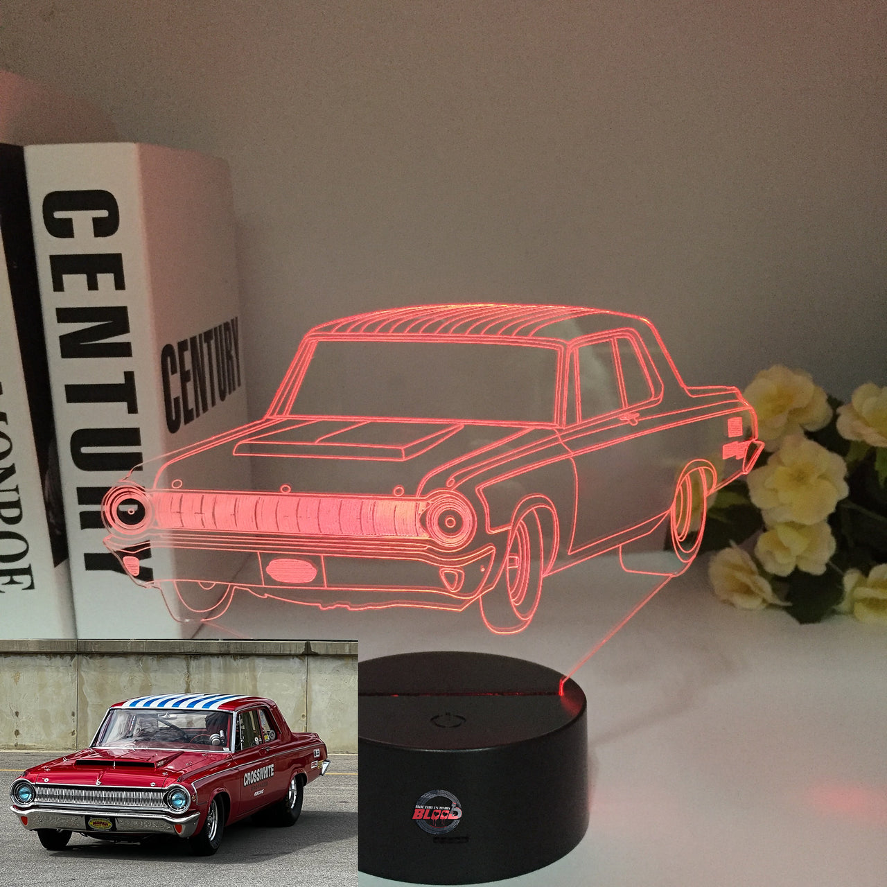 1964 Dodge 3D LED Illusion Lamp showing the classic muscle car silhouette in a vibrant purple glow on a premium black base.