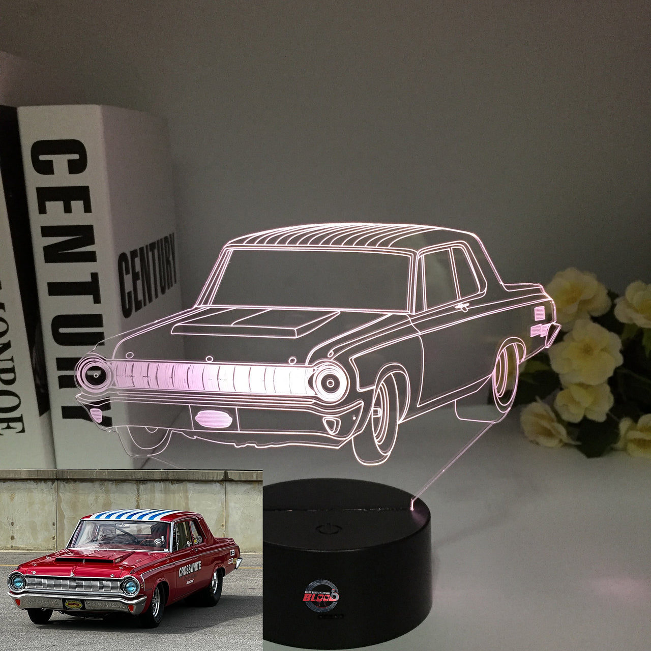 1964 Dodge 3D LED Illusion Lamp showing the classic muscle car silhouette in a vibrant purple glow on a premium black base.
