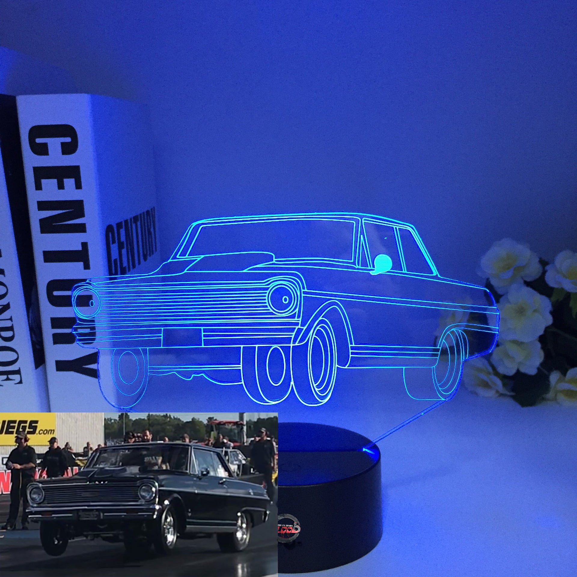 1965 Chevy Nova 3D LED Illusion Lamp showing the classic shoebox silhouette in a vibrant red glow on a premium black base.
