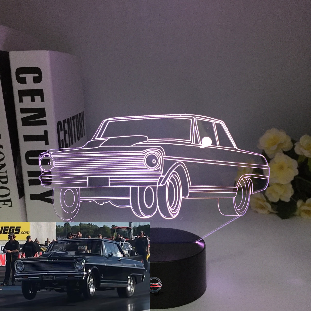 1965 Chevy Nova 3D LED Illusion Lamp showing the classic shoebox silhouette in a vibrant red glow on a premium black base.