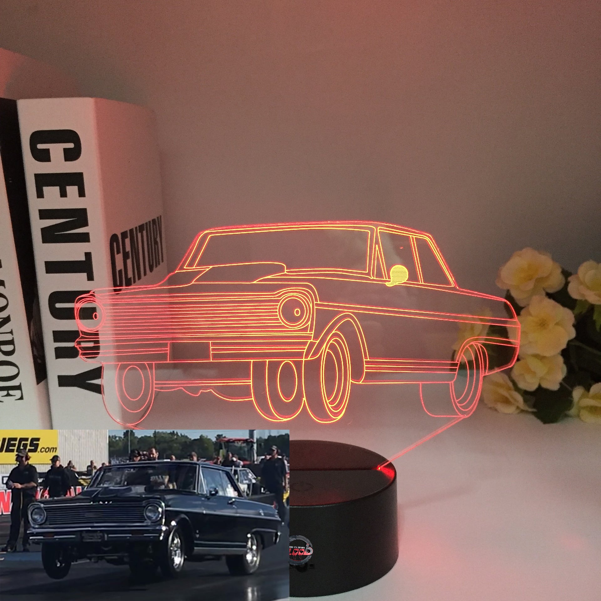 1965 Chevy Nova 3D LED Illusion Lamp showing the classic shoebox silhouette in a vibrant red glow on a premium black base.
