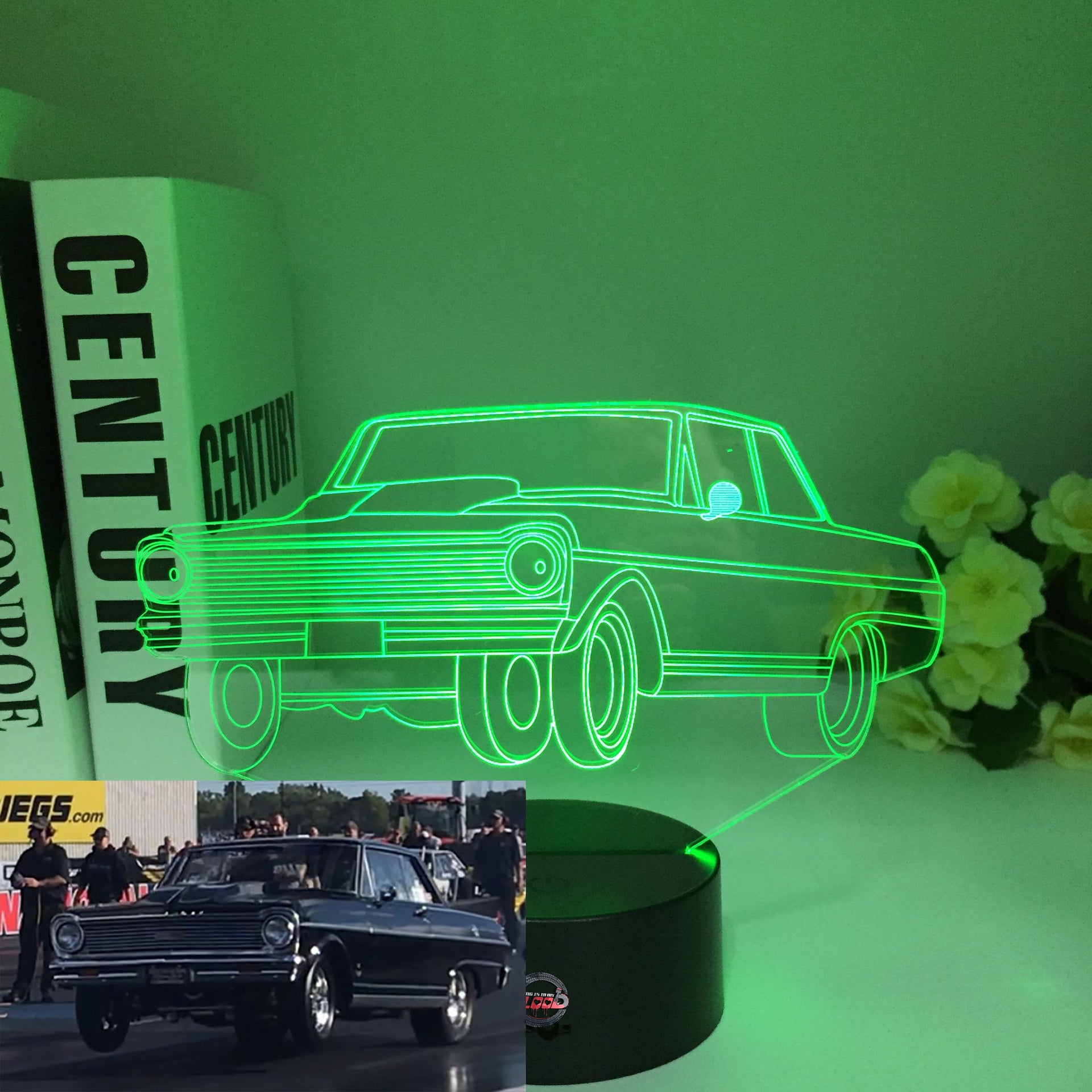1965 Chevy Nova 3D LED Illusion Lamp showing the classic shoebox silhouette in a vibrant red glow on a premium black base.
