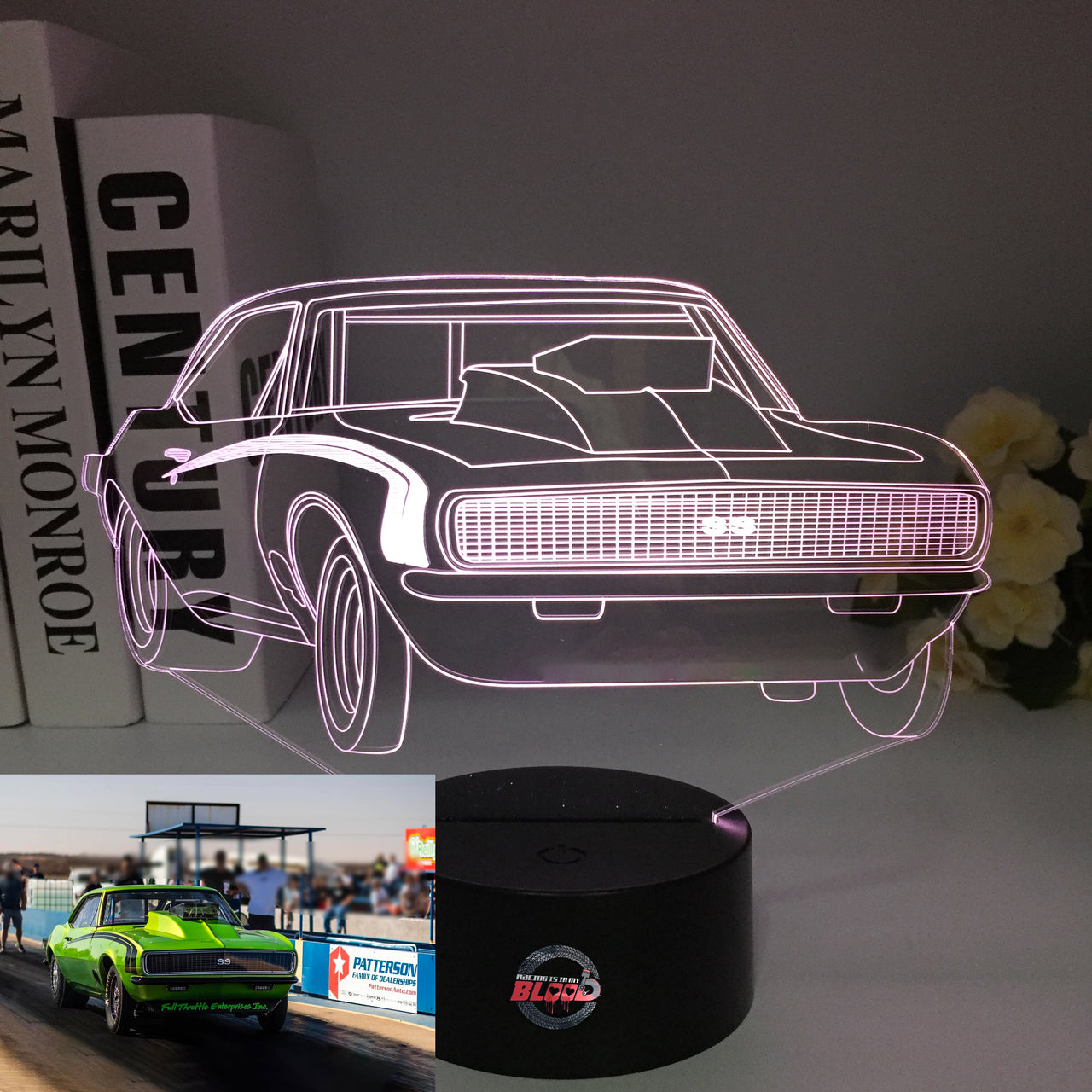 1968 Camaro SS 3D LED Illusion Lamp showing the classic first-generation silhouette in a vibrant orange glow on a premium black base.
