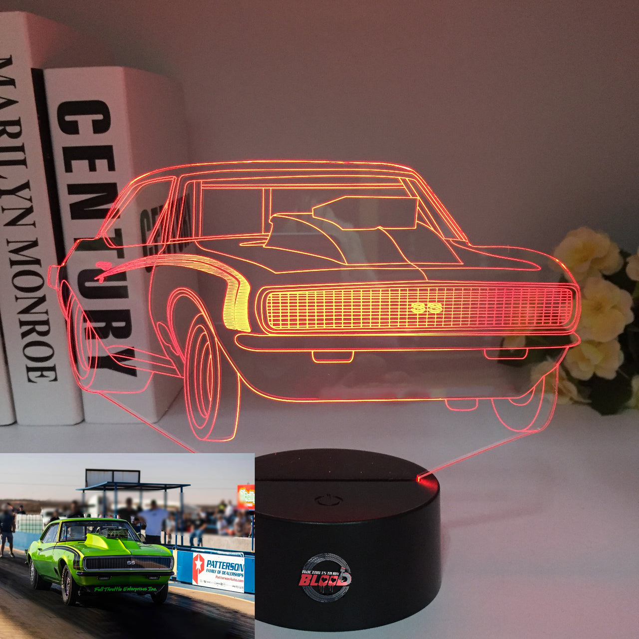 1968 Camaro SS 3D LED Illusion Lamp showing the classic first-generation silhouette in a vibrant orange glow on a premium black base.