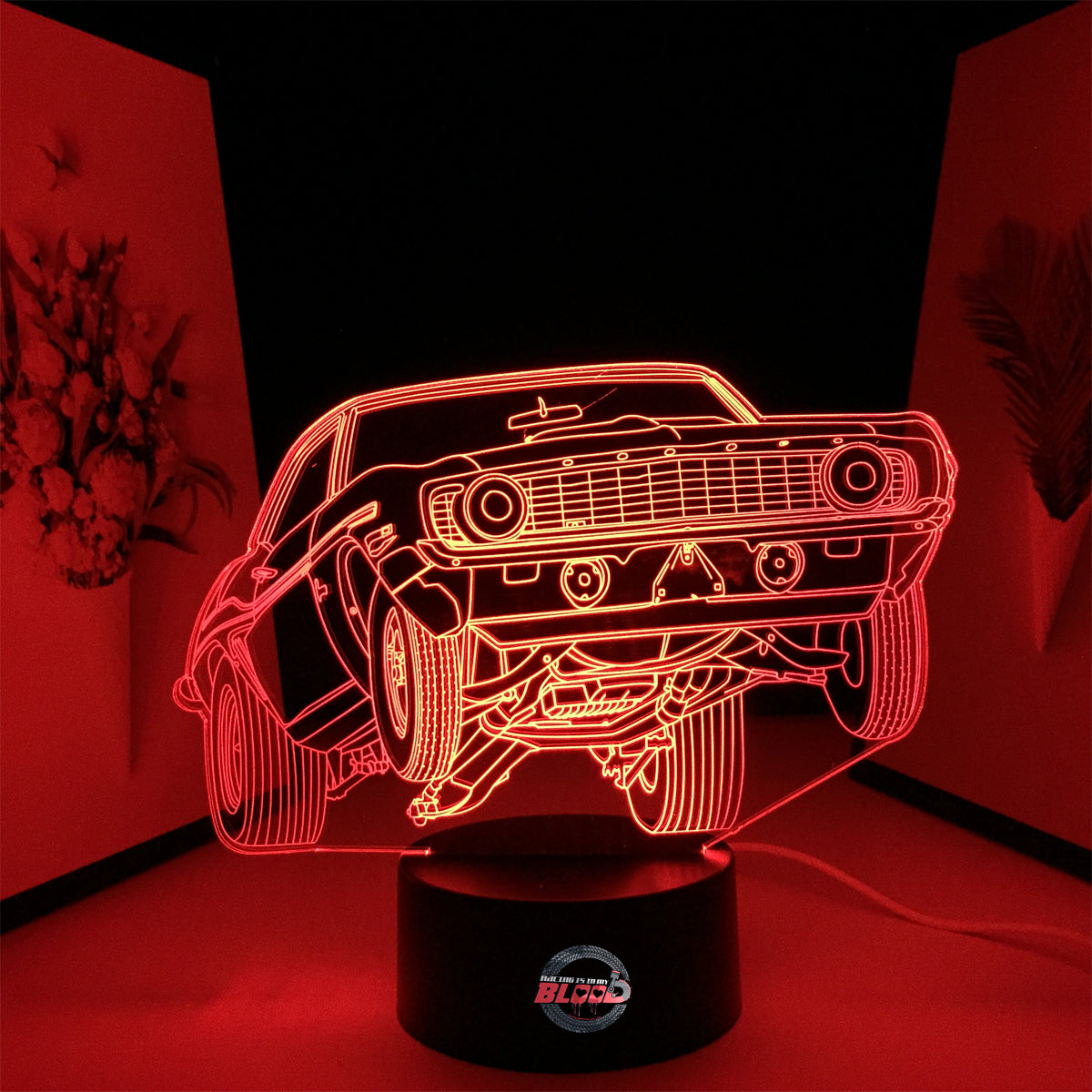 1969 Chevy Camaro LED Lamp featuring a classic drag racing wheels-up launch silhouette glowing in a vibrant red on a black base.