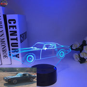 1970 Pontiac Firebird 3D LED Illusion Lamp displaying the classic second-generation silhouette in a vibrant red glow on a premium black base.