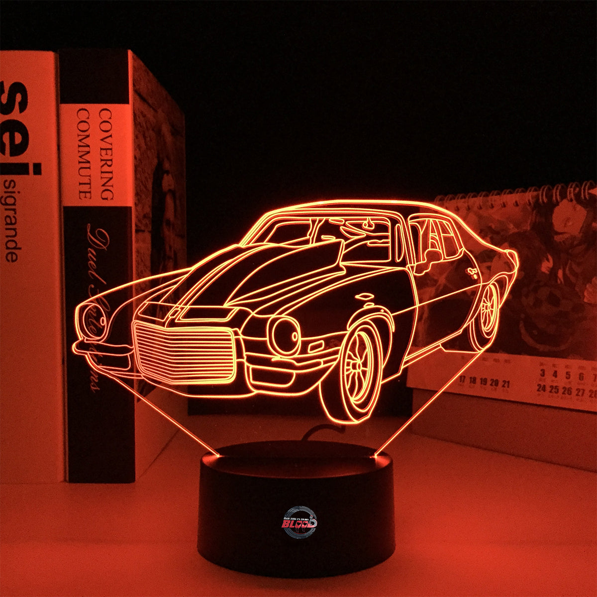 1970 Split Bumper Camaro LED Lamp showing the iconic front-end silhouette glowing in a vibrant lime green on a premium black base.