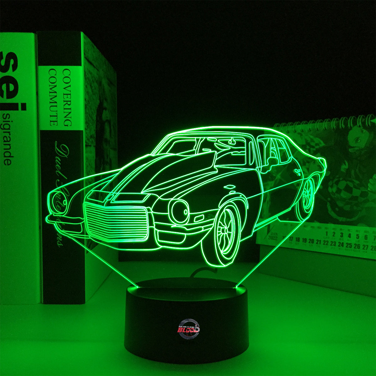 1970 Split Bumper Camaro LED Lamp showing the iconic front-end silhouette glowing in a vibrant lime green on a premium black base.