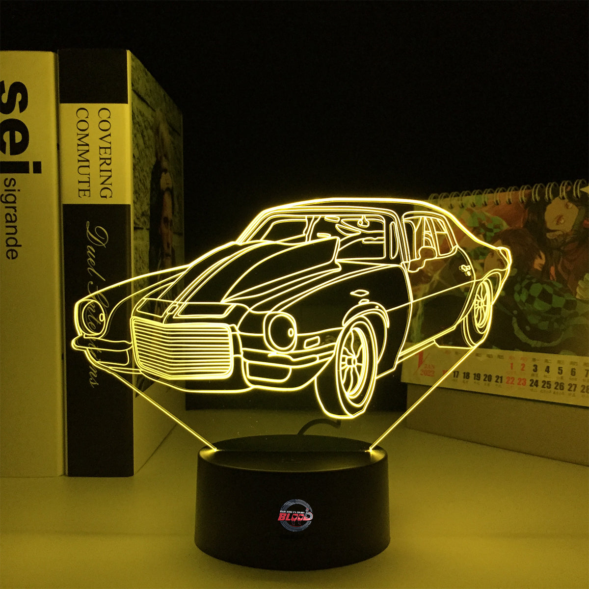 1970 Split Bumper Camaro LED Lamp showing the iconic front-end silhouette glowing in a vibrant lime green on a premium black base.