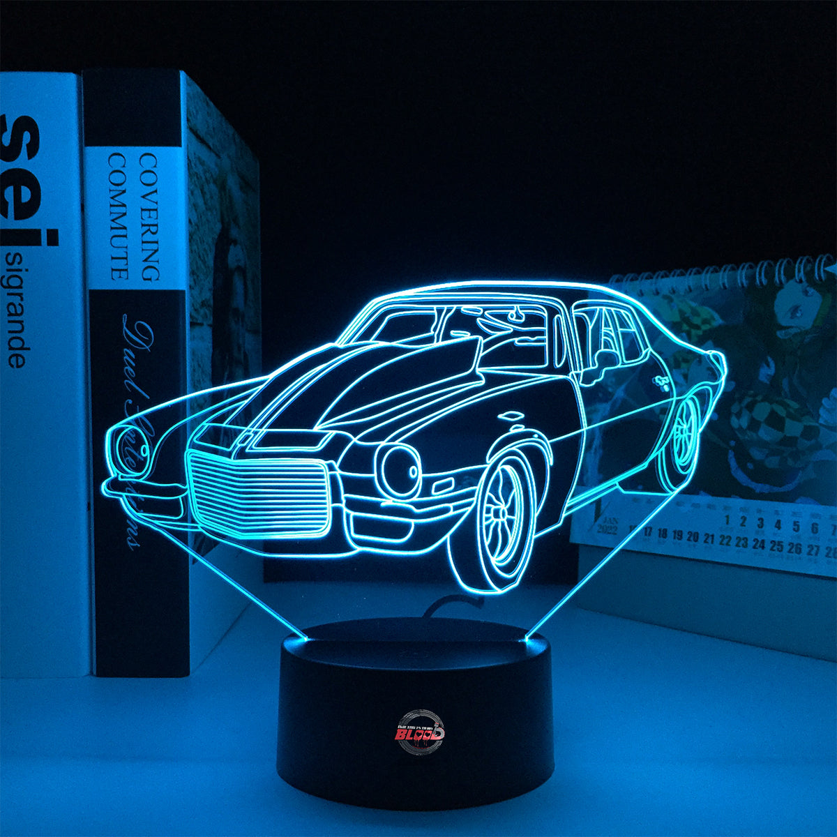 1970 Split Bumper Camaro LED Lamp showing the iconic front-end silhouette glowing in a vibrant lime green on a premium black base.4