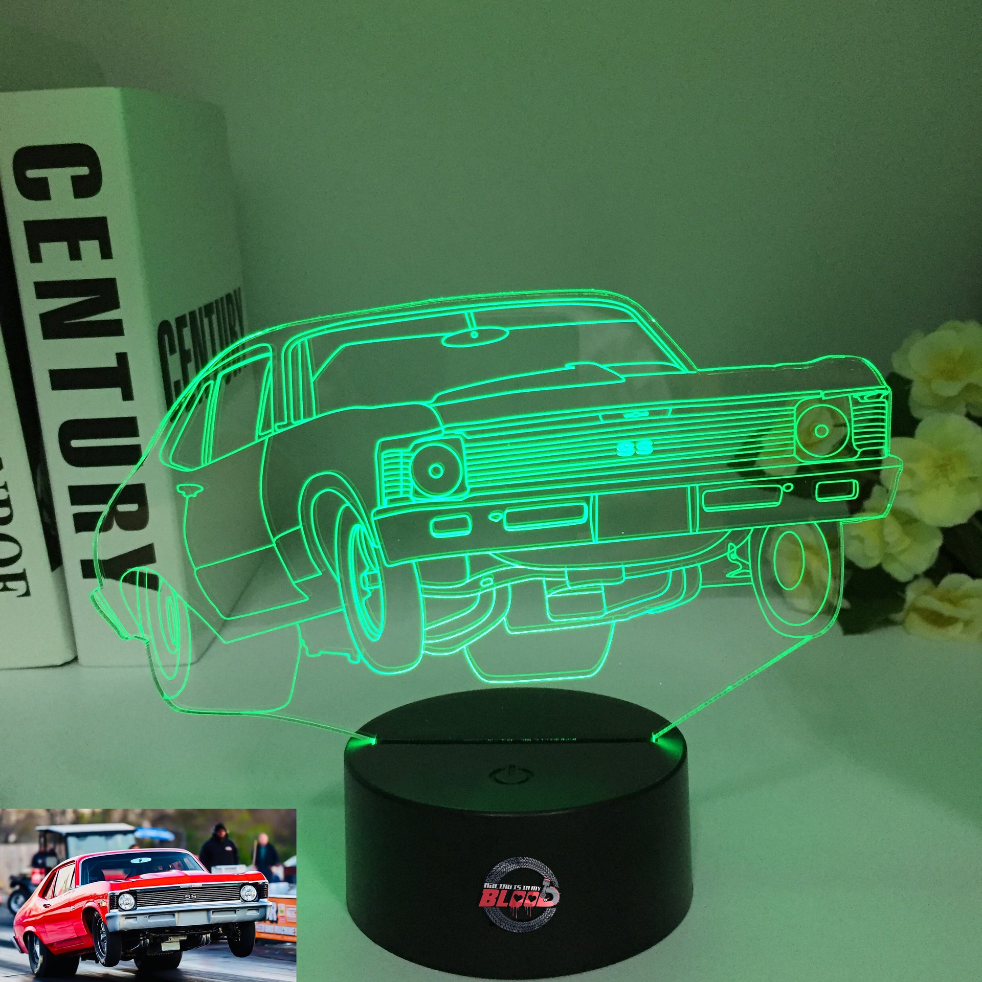 1972 Chevy Nova 3D LED Illusion Lamp displaying the classic muscle car silhouette in a vibrant red glow on a premium black base.