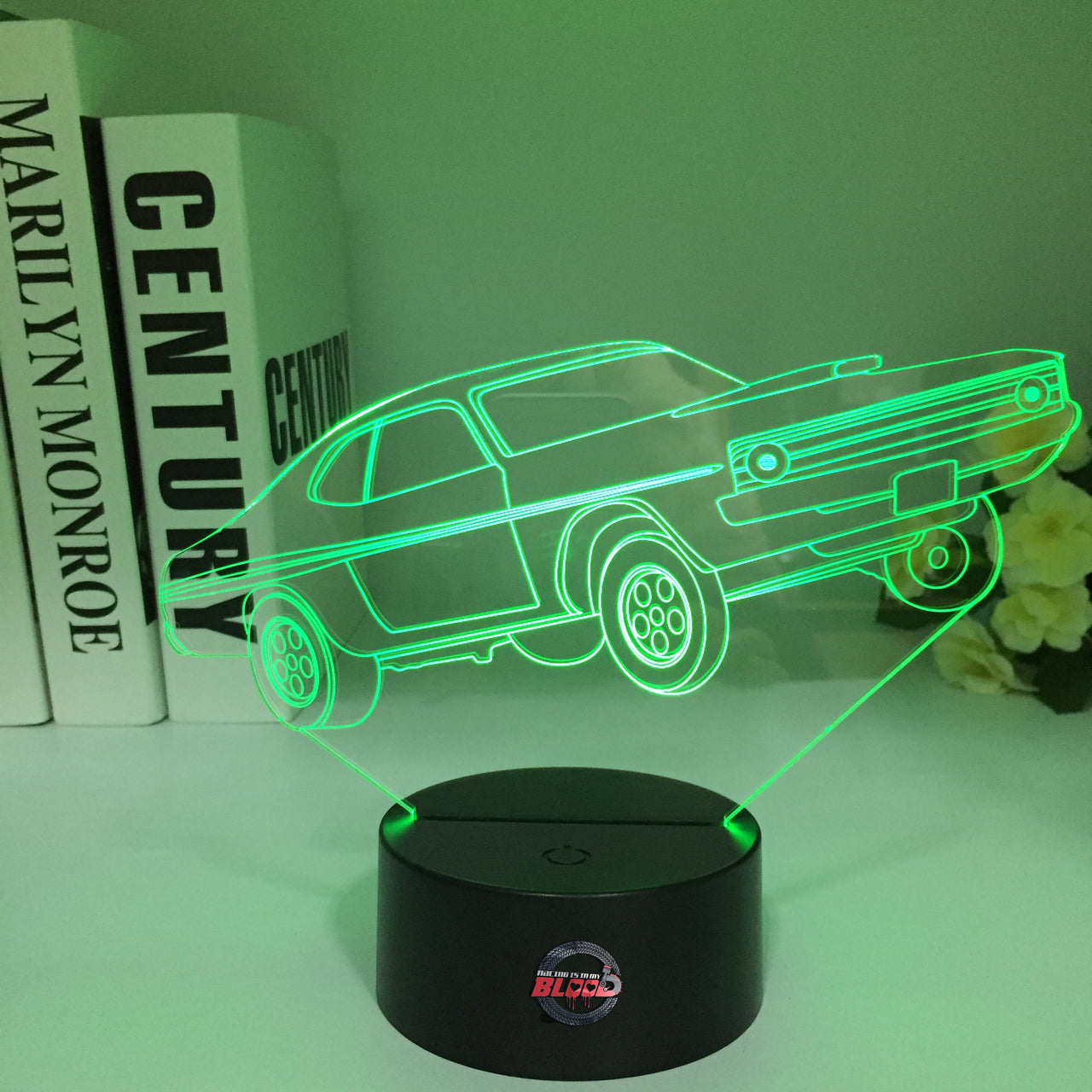 1972 Dodge Demon 3D LED Illusion Lamp showing the classic A-body muscle car silhouette in a vibrant purple glow on a premium black base.