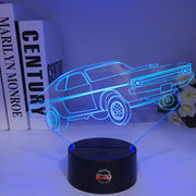 1972 Dodge Demon 3D LED Illusion Lamp showing the classic A-body muscle car silhouette in a vibrant purple glow on a premium black base.