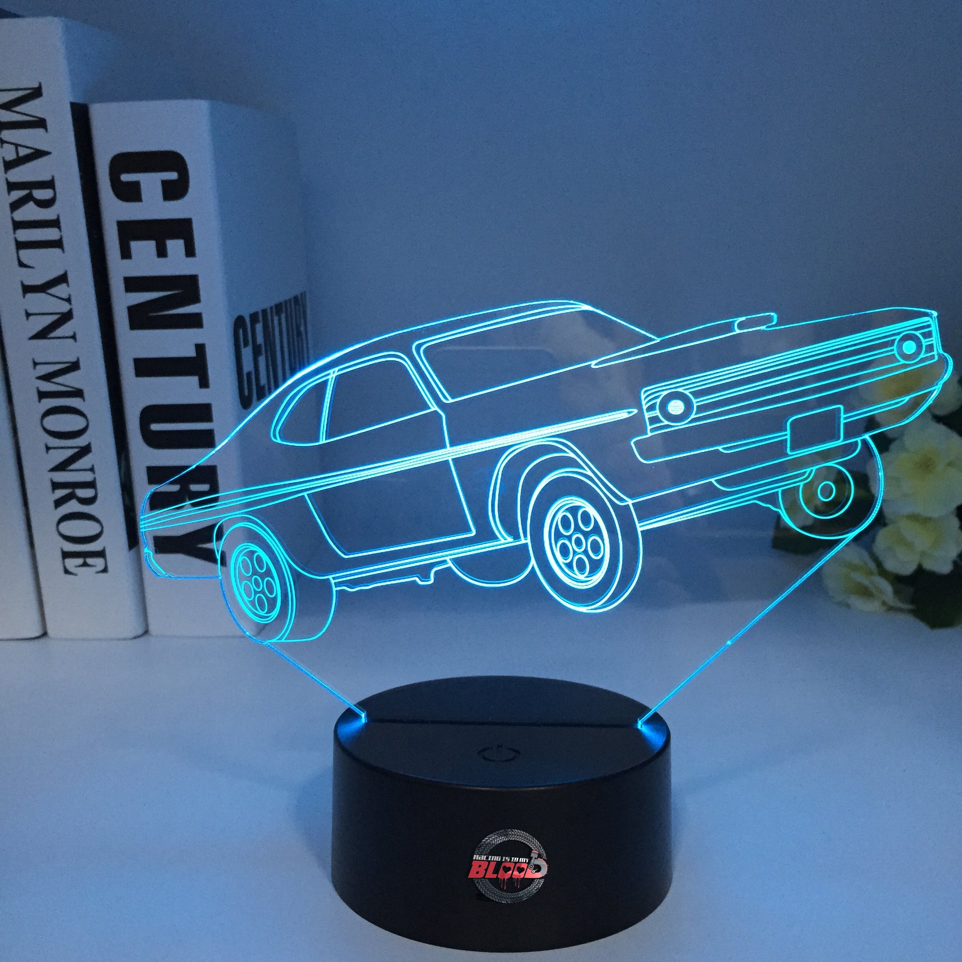 1972 Dodge Demon 3D LED Illusion Lamp showing the classic A-body muscle car silhouette in a vibrant purple glow on a premium black base.