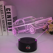 1972 Dodge Demon 3D LED Illusion Lamp showing the classic A-body muscle car silhouette in a vibrant purple glow on a premium black base.