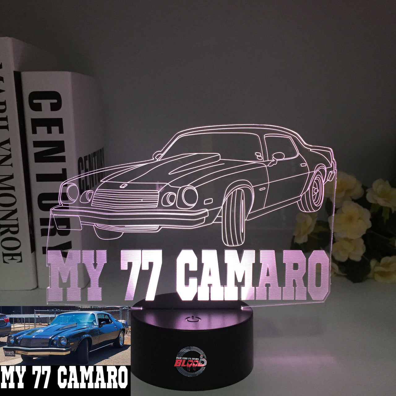 1977 Chevy Camaro 3D LED Illusion Lamp showing the classic second-generation silhouette in a vibrant yellow glow on a premium black base.