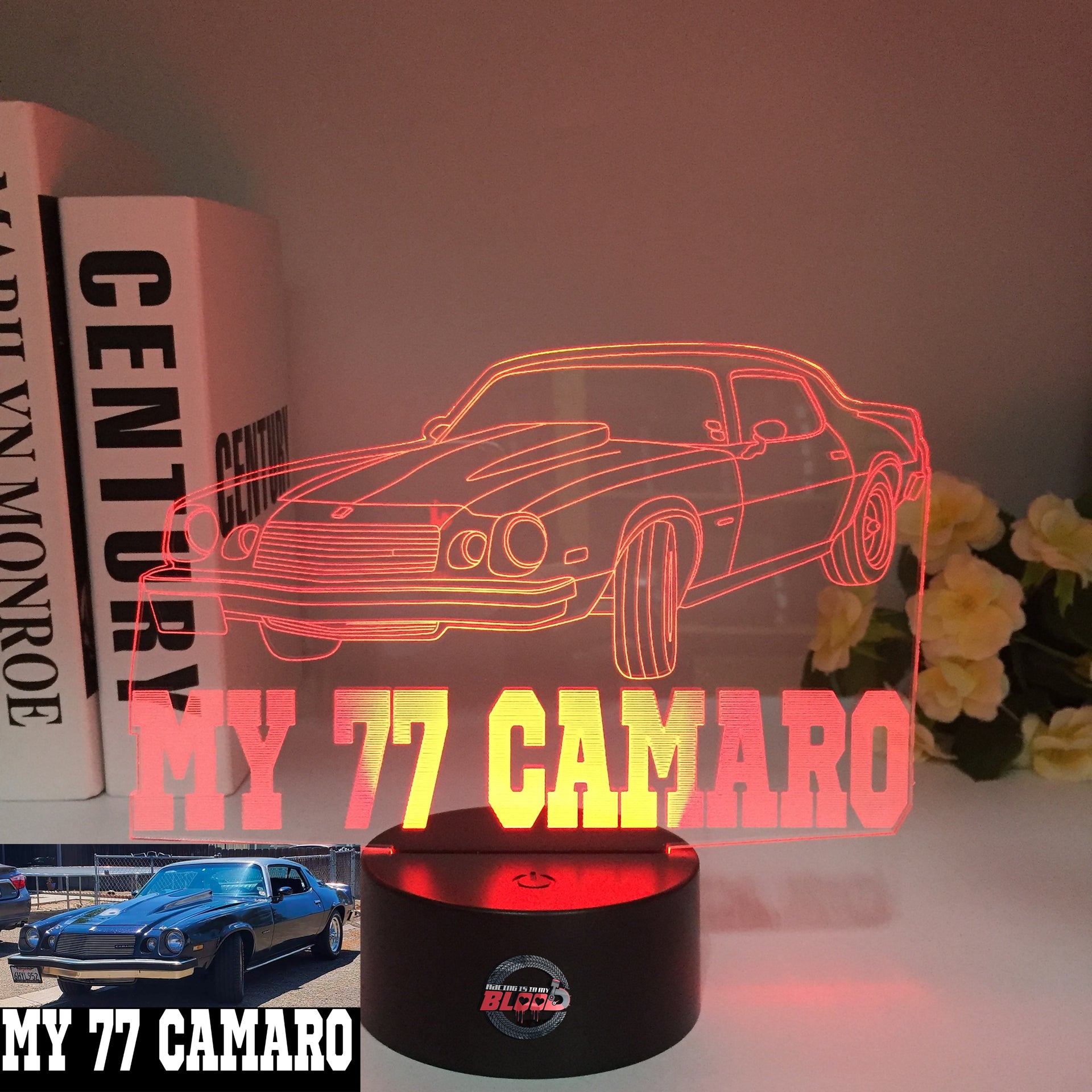 1977 Chevy Camaro 3D LED Illusion Lamp showing the classic second-generation silhouette in a vibrant yellow glow on a premium black base.