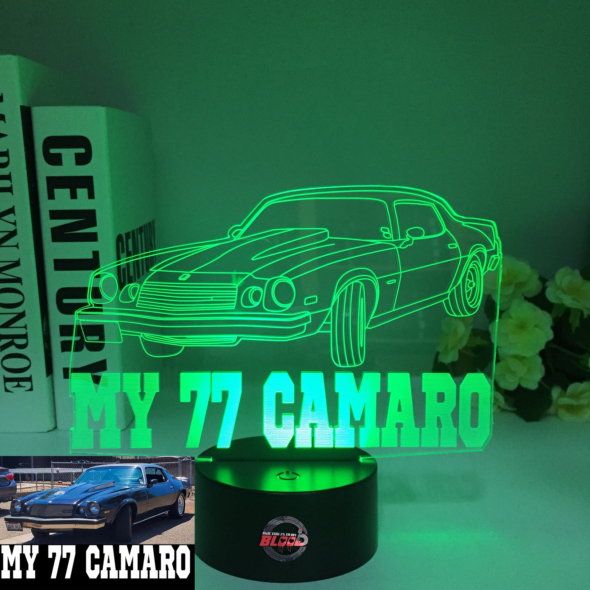 1977 Chevy Camaro 3D LED Illusion Lamp showing the classic second-generation silhouette in a vibrant yellow glow on a premium black base.