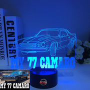 1977 Chevy Camaro 3D LED Illusion Lamp showing the classic second-generation silhouette in a vibrant yellow glow on a premium black base.