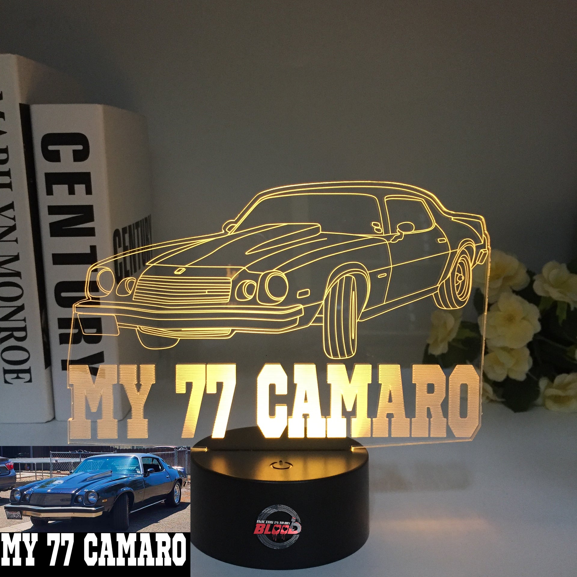 1977 Chevy Camaro 3D LED Illusion Lamp showing the classic second-generation silhouette in a vibrant yellow glow on a premium black base.