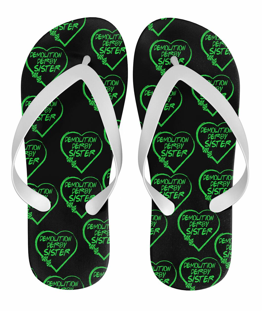 Demolition Derby Green Heart Flip Flops Green