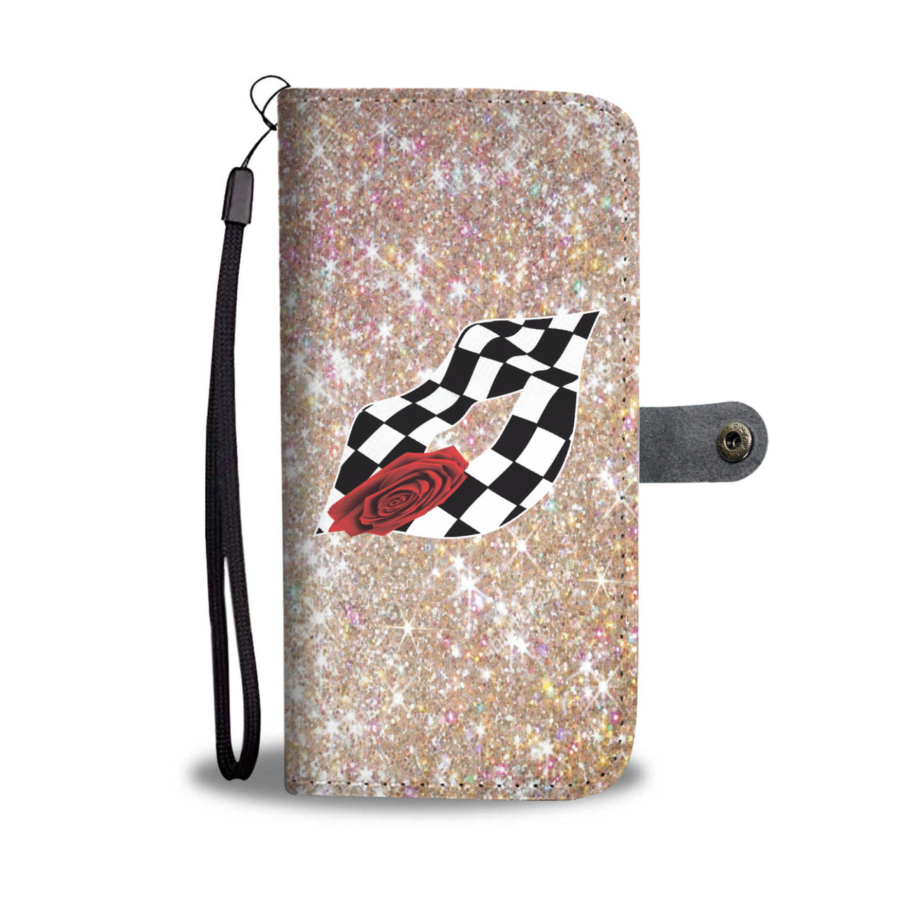 Racing Checkered Lips Kiss Glitter Wallet Case