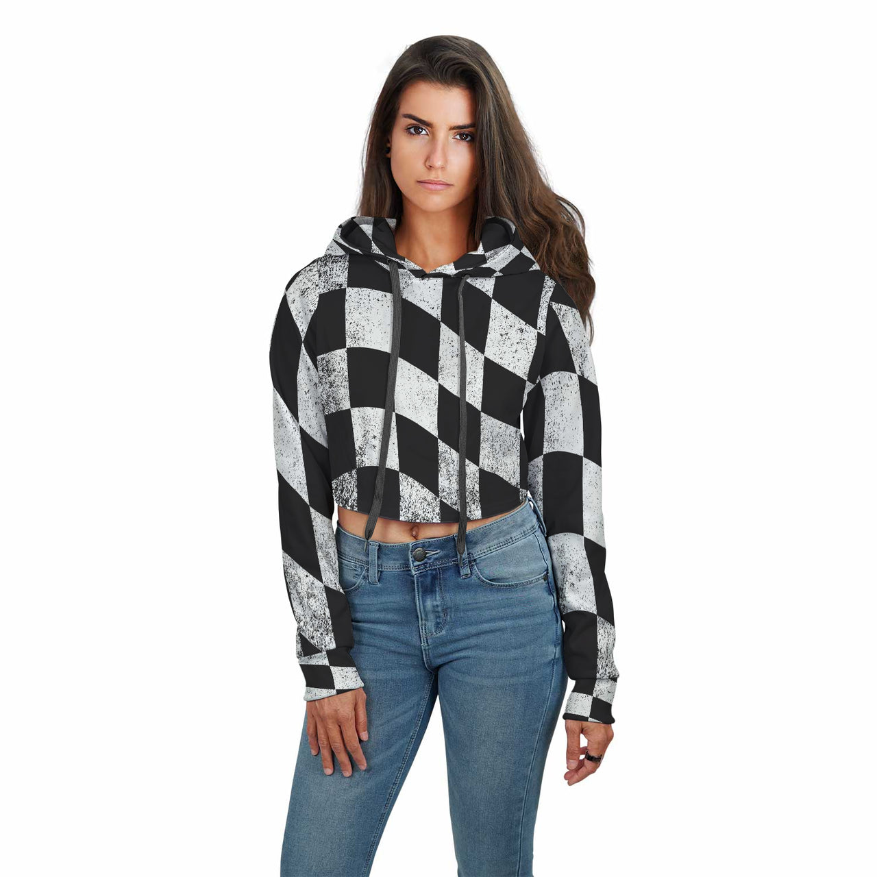 Racing Dirty Checkered Flag Crop Top Hoodie