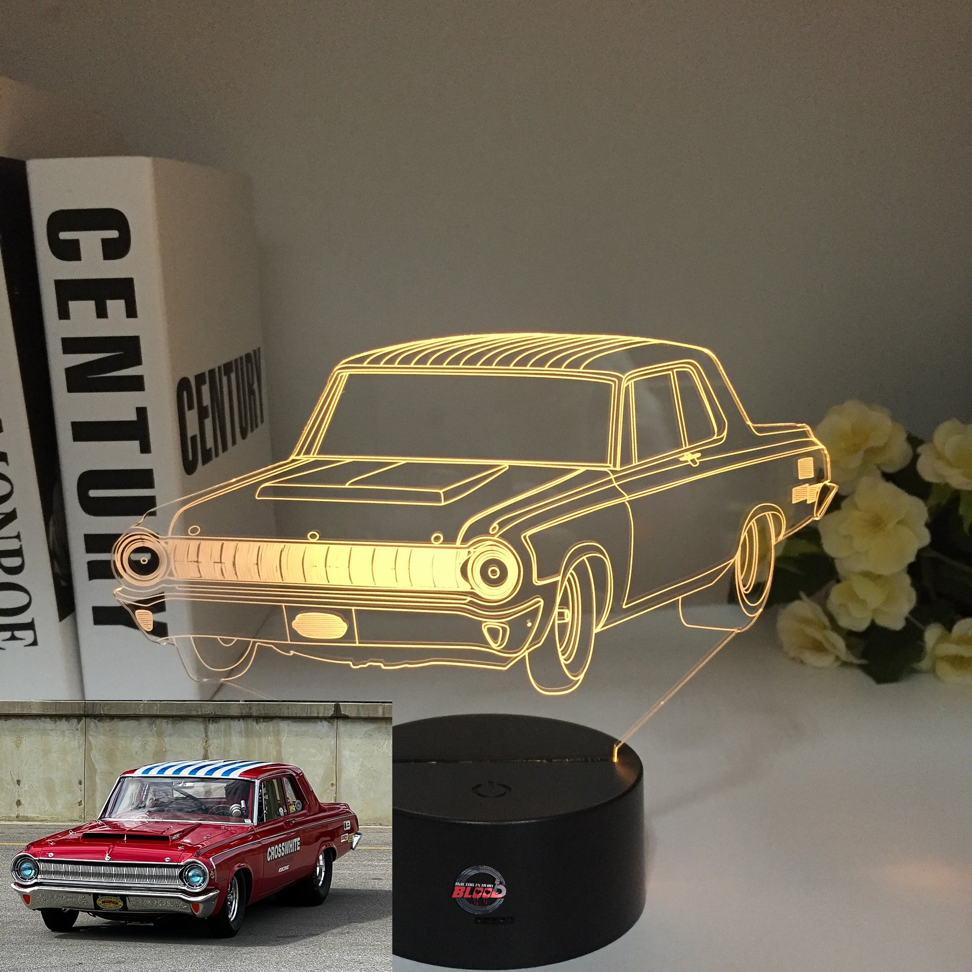 1964 Dodge 3D LED Illusion Lamp showing the classic muscle car silhouette in a vibrant purple glow on a premium black base.