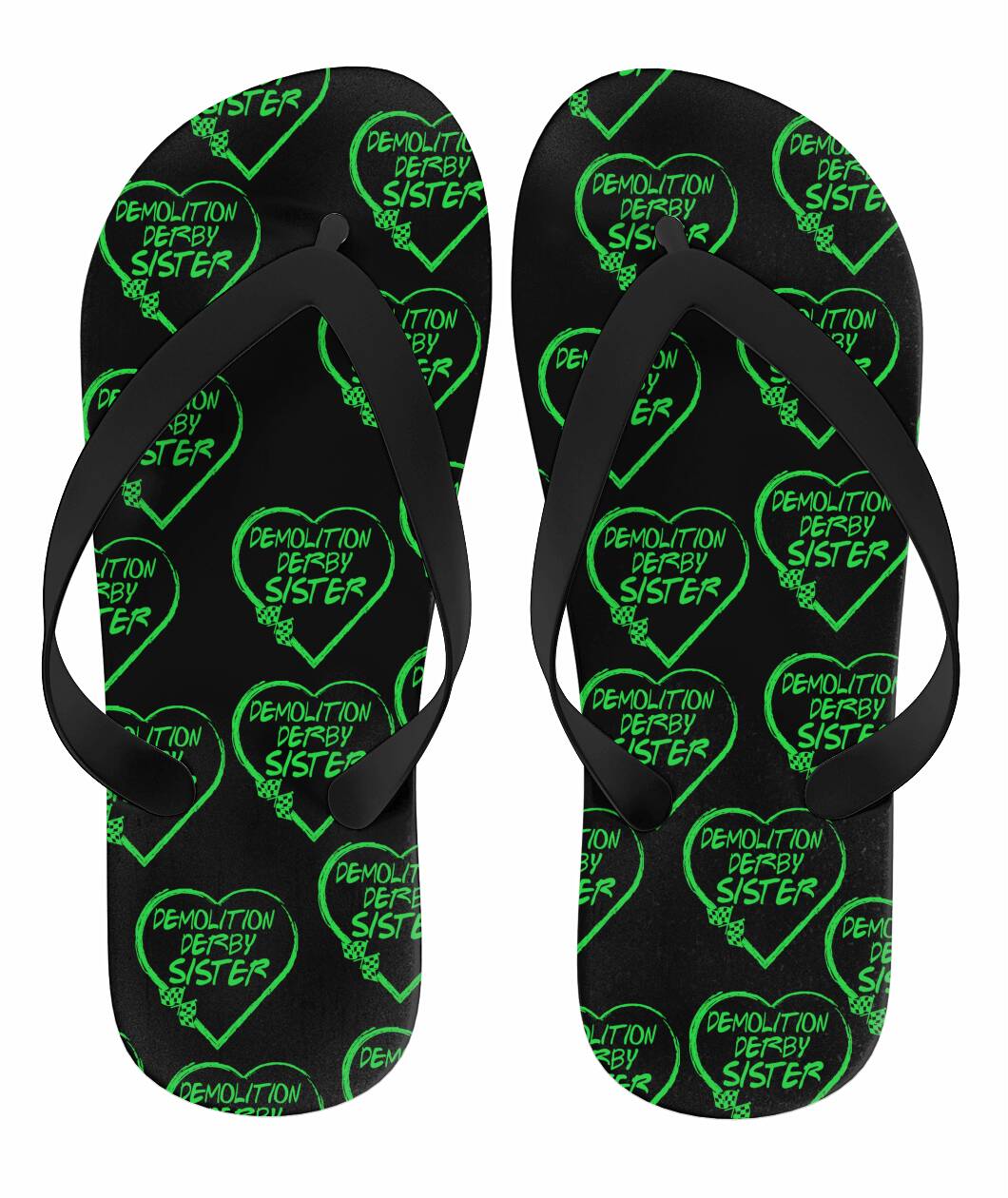 Demolition Derby Green Heart Flip Flops Green