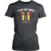A bold apparel design featuring "I'm Not Most Women" printed on premium women's drag racing t-shirts, v-necks, and hoodies.